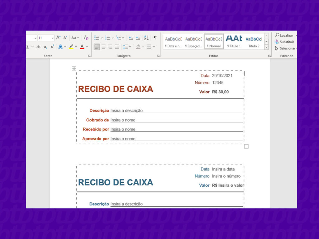 como fazer modelo de recibo no word